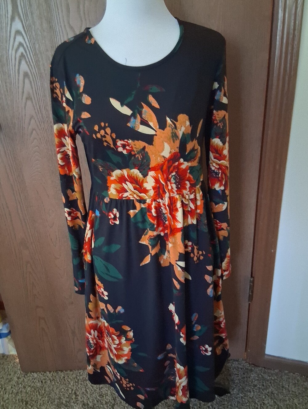 Black Long-Sleeve Dress with Orange Floral Print